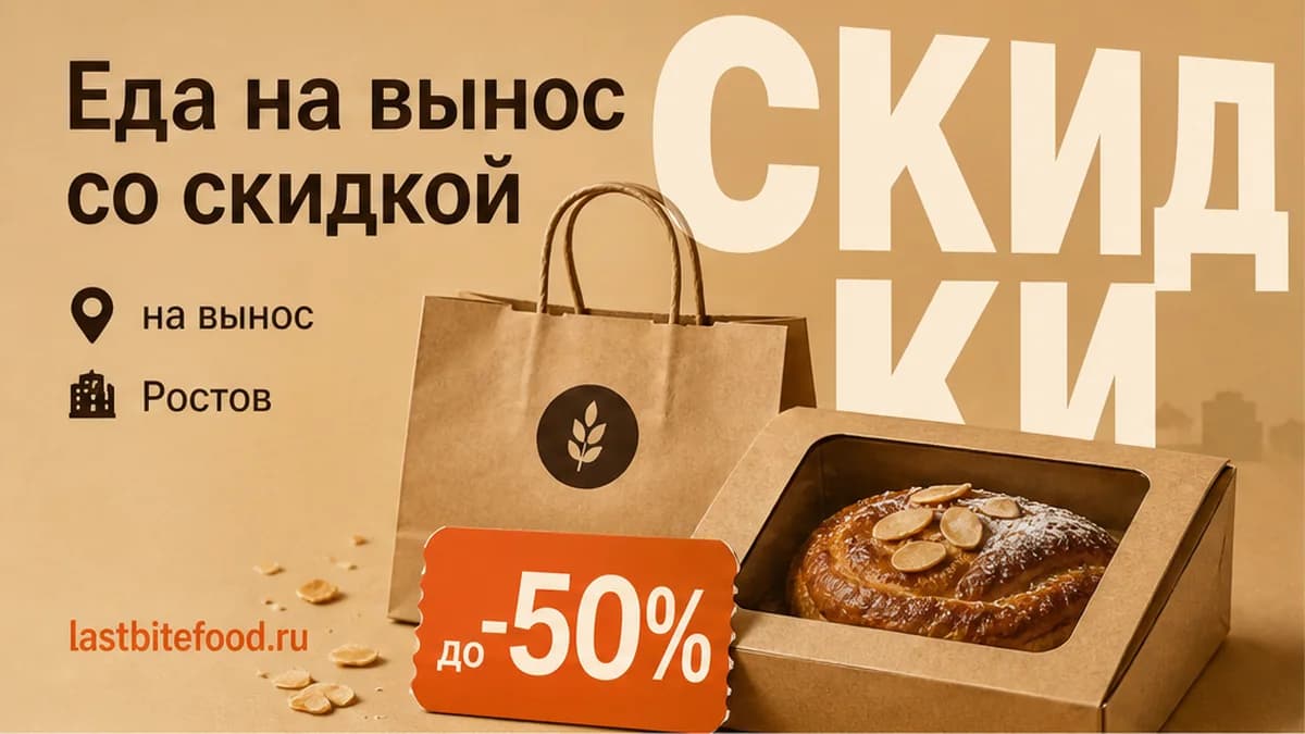 Пакет и коробка на вынос с выпечкой, слово СКИДКИ на фоне: еда на вынос в Ростове со скидкой