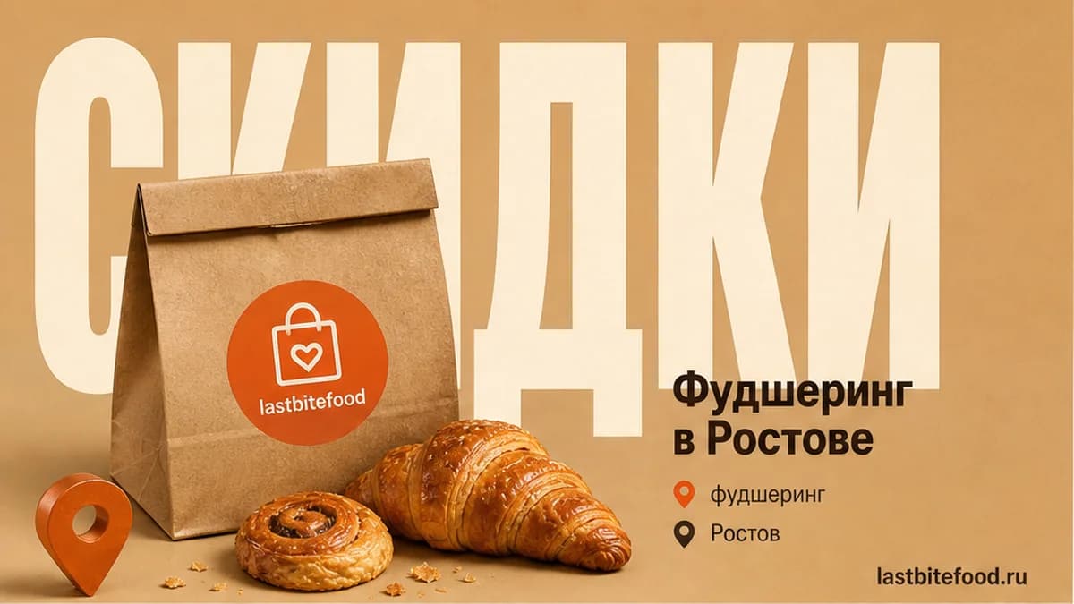 Пакет LAST BITE и выпечка, слово СКИДКИ сзади: фудшеринг в Ростове-на-Дону