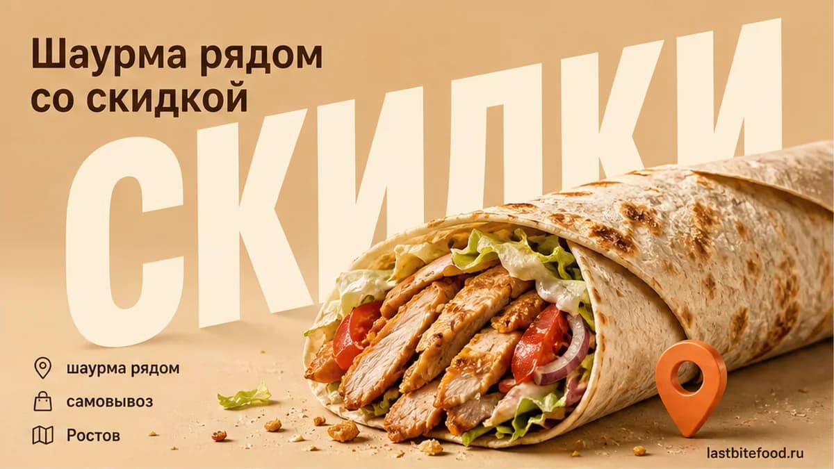 Шаурма и пин карты со словом СКИДКИ: шаурма рядом со скидкой в Ростове-на-Дону и самовывоз
