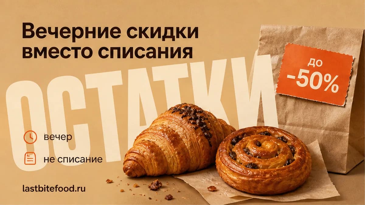 Пекарня и ценник скидки, слово СКИДКИ сзади: меньше списания через вечерние остатки