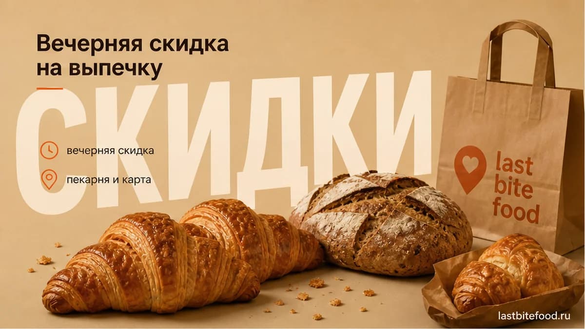 Круассаны и хлеб на переднем плане, слово СКИДКИ сзади: вечерняя скидка на выпечку