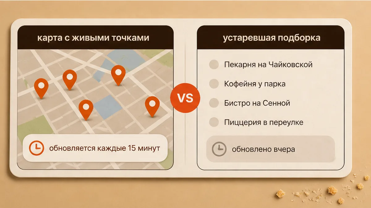 Сравнение: карта активных точек рядом против устаревших подборок