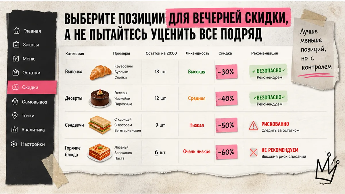 Сравнительная таблица / UI-мокап: Выберите позиции для вечерней скидки, а не пытайтесь уценить все подряд