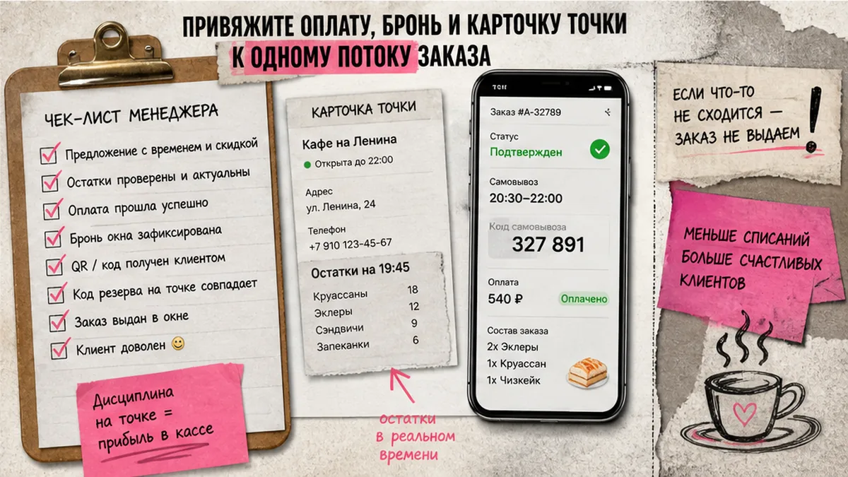 Чеклист / printable board: Привяжите оплату, бронь и карточку точки к одному потоку заказа