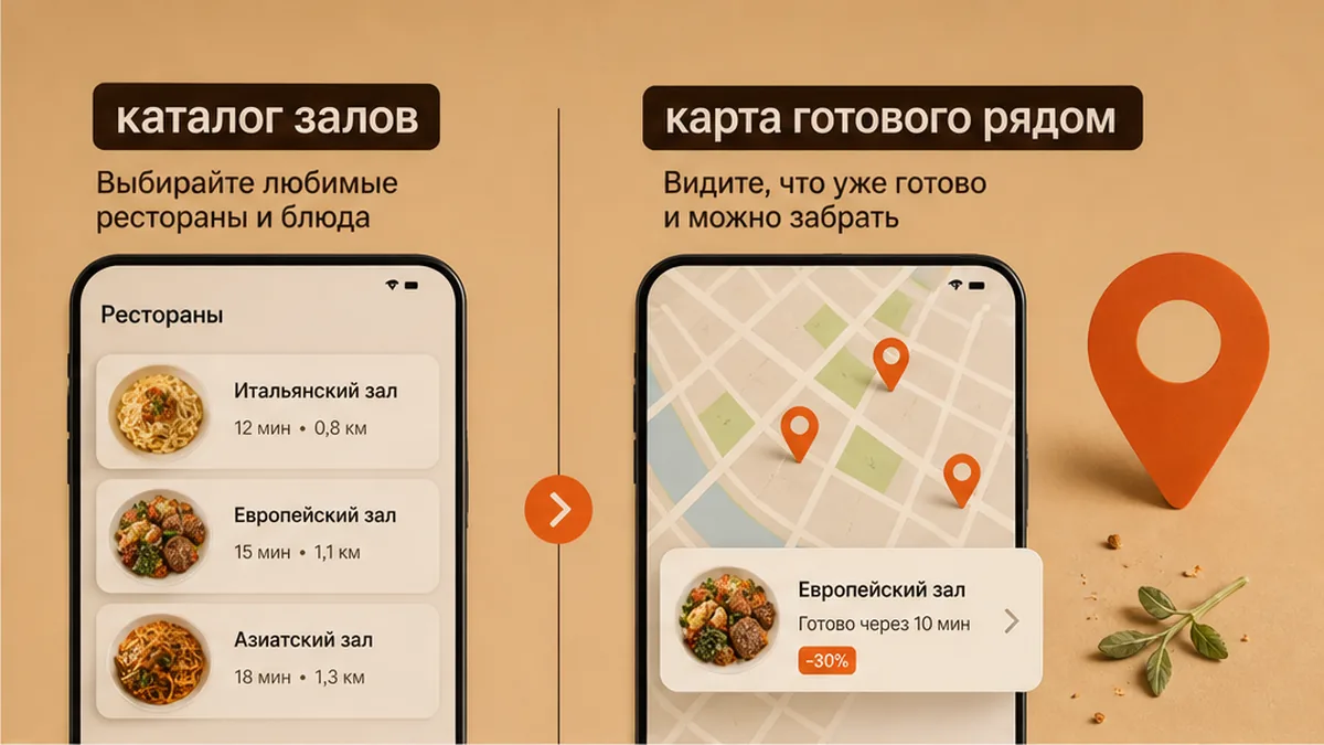 Сравнение: каталог ресторанов против карты готового рядом со скидкой
